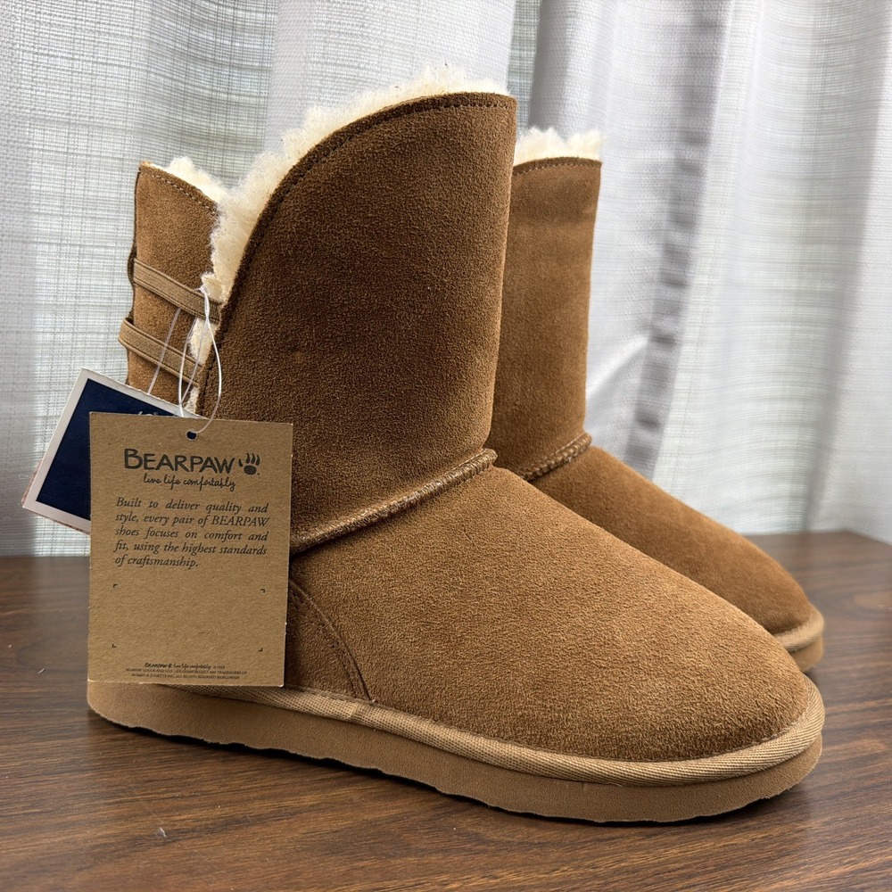 BEARPAW Kylee Boot Shaft Slip On Suede Comfort NeverWet Brown Size 8 Sheepskin